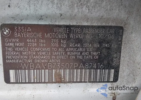 2007 BMW 335I from USA, damaged, VIN WBAVB73507PA87416